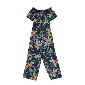 Tropical Jumpsuit Wide Leg Short Sleeve Smocked Tie Waist One Piece Jumper Sz 1X